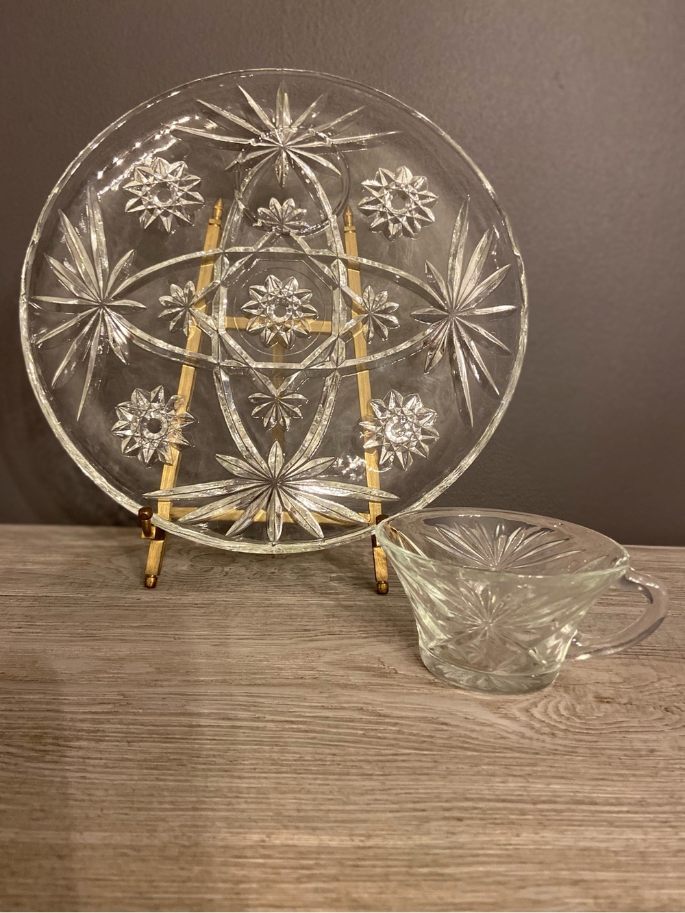 Vintage Crystal Plates w/ Sitting Cups, Set Of (8) Etched Star Glass Dishes.